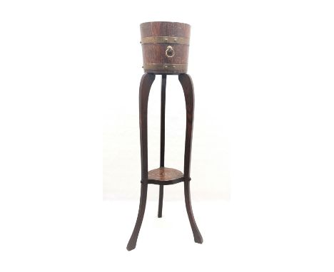Antique oak coopered jardiniere on stand with brass banding and original tray by R A Lister &amp; Co (Dursley) - total height