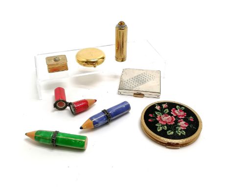 Sydney Weston lipstick holder, Estee Lauder compact, 3 x novelty pencil shaped trinket boxes etc 
