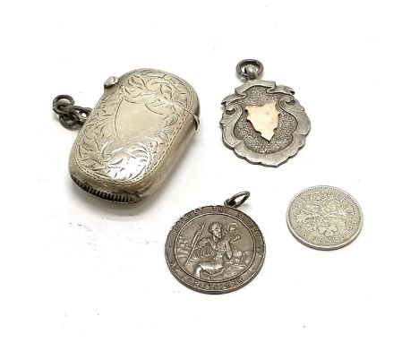 Sterling silver vesta case (4cm), Georg Jensen St Christopher &amp; silver fob medallion with gold detail - total weight 29g 