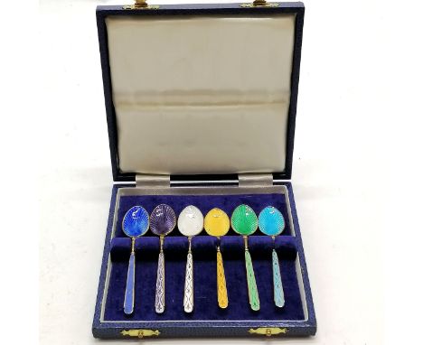 Cased 1972 set of 6 x silver gilt enamel teaspoons by Turner &amp; Simpson Ltd - 9.2cm &amp; 65g (spoon weight) ~ no obvious 