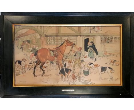 Framed hunting chromolithograph 'The close of a good day' by Nora Drummond-Davis (1862-1949) - 88cm x 56cm - some losses to f