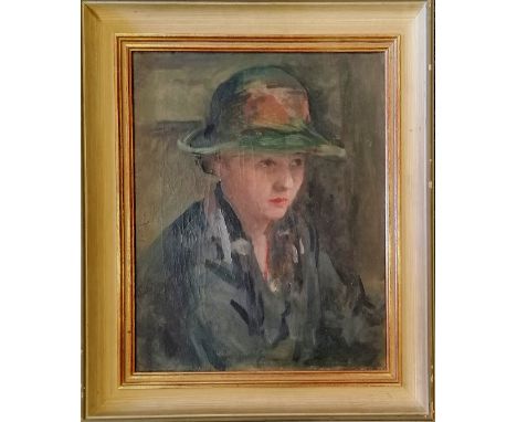 Framed oil on canvas painting of a lady wearing a hat in a R Nicola french frame - frame 56cm x 46.5cm 