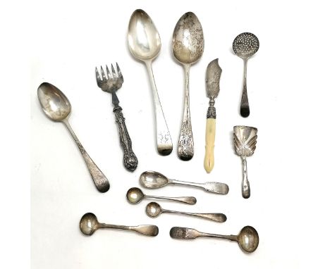 2 x Georgian silver tablespoons (22cm &amp; 130g), 4 antique condiment spoons (1 Irish &amp; 1 by D.D), Bateman sifter + 4 ot