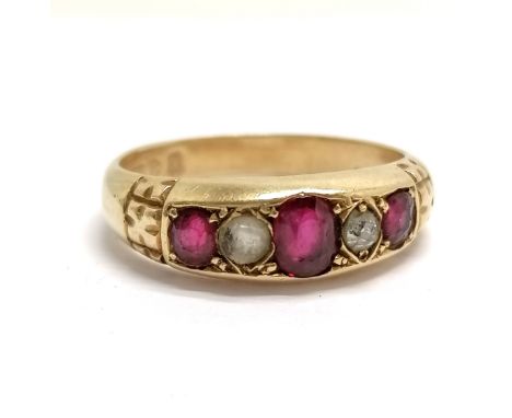 Antique 18ct Chester hallmarked gold ruby &amp; diamond ring - size Q &amp; 4.2g total weight ~ 1 diamond has been replaced w