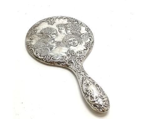 1975 sterling silver mounted hand mirror with Reynolds angels head detail by W I Broadway &amp; Co - 23cm 