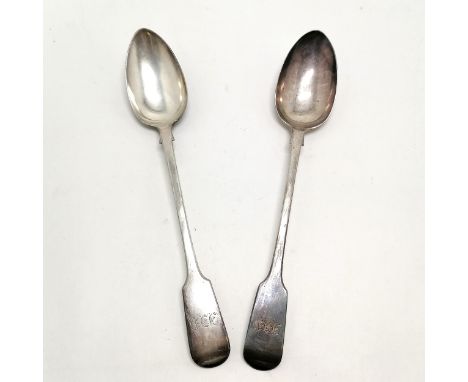 2 x 1825 / 1828 matched pair of silver stuffing / basting spoons - 31cm long &amp; 229g 