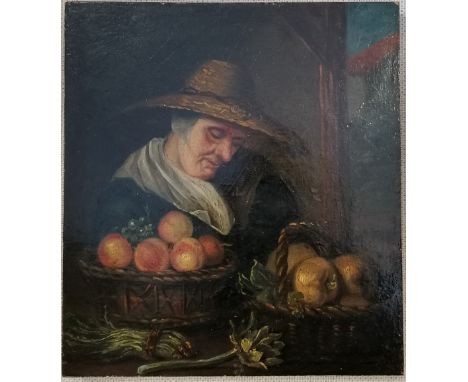 Dutch school painting on panel of fruit seller, unsigned mounted on a later frame, panel size 18cm x 20cm frame 35cm x 40cm 
