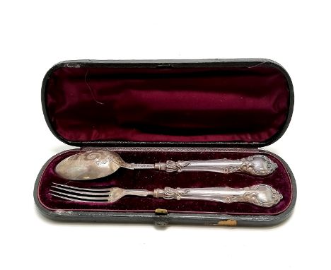 1880 (E/F) silver christening pair of fork / spoon in original fitted box (20cm) by Hilliard &amp; Thomason - total weight 70