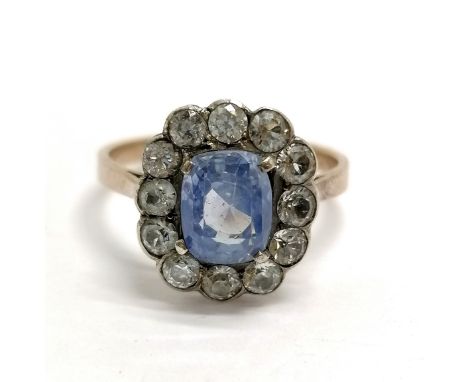 Unmarked antique blue + white sapphire cluster ring - size M½ ~ centre stone has some light wear 