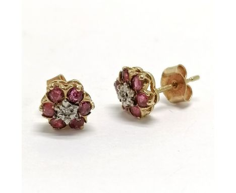 Pair of 9ct hallmarked gold diamond / ruby cluster earrings - 1.2g total weight 