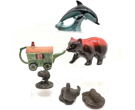 Staffordshire gypsy caravan teapot, Poole pottery dolphin 20cm high, red glazed bear etc. All with no obvious damage 