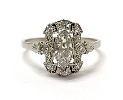 Unmarked white metal Art Deco marquise + brilliant cut diamond set ring - size R½ &amp; 3.5g total weight ~ main stone has na