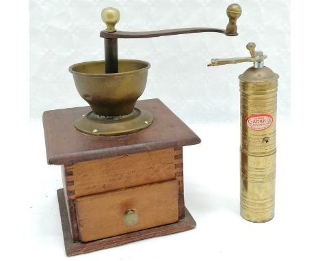 Vintage coffee grinder 28 cm high, 18 cm wide, marked Chasenclever, t/w brass Turkish brass grinder. 