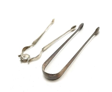 2 x Georgian silver sugar tongs - 1 pair with unusual sprung mechanism and acorn detail to bowls (13cm &amp; has old repair) 