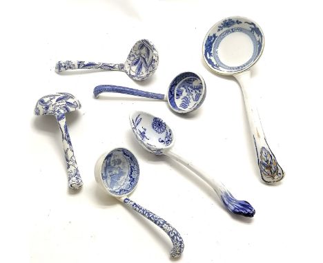 Pair of Burleigh blue &amp; white china ladles t/w 4 other ladles - largest 32cm ~ willow pattern ladle has old repair 