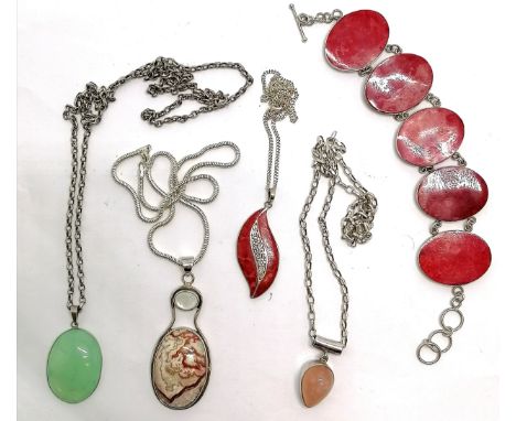 4 x silver stone set pendants on chains (longest 76cm) t/w unmarked silver red panel bracelet - total weight (lot) 104g - SOL