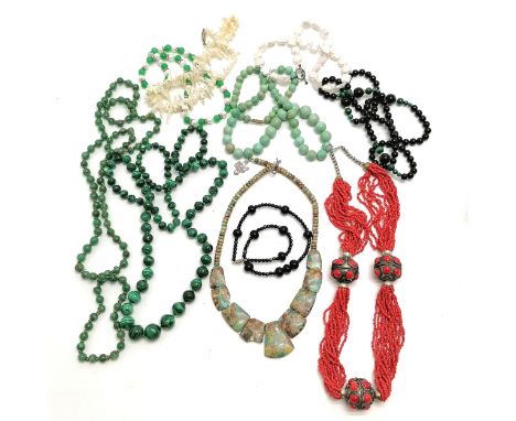 Qty of bead necklaces inc hardstone, malachite (96cm), mother of pearl, baroque pearl etc - stone panel necklace is a/f 