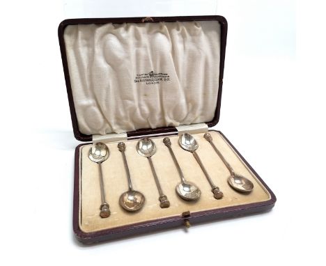 Set of 6 x silver seal type coffee spoons by Alexander Clark &amp; Co Ltd in original case - 9cm &amp; 54g 