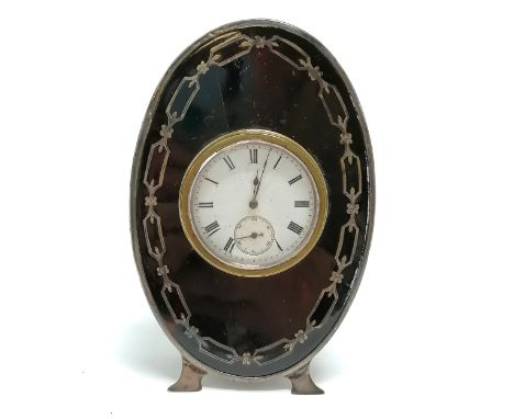 Silver &amp; tortoiseshell easel stand clock by S W Goode &amp; Co - 12cm high &amp; ~ slight crack to tortoiseshell and for 