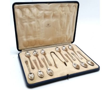 Cased Mappin &amp; Webb 1935 silver Art Deco set of 12 spoons + tongs - case 27cm x 20cm &amp; silver 206g &amp; in good over