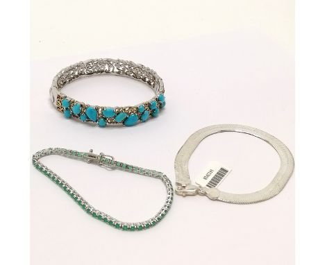 Silver bangle set with turquoise, silver green stone set tennis bracelet (18cm) &amp; Italian silver flat link bracelet (unwo