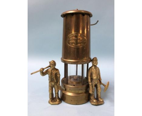 Two small brass Miners figures and a Ferndale Coal lamp