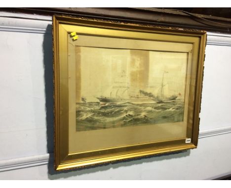A hand tinted print of a Steamship