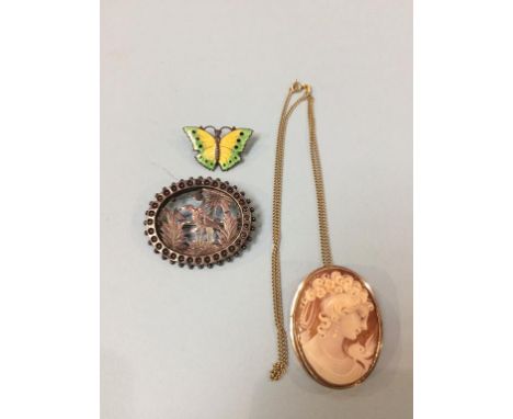 A cameo with 9ct chain, enamelled 'Sterling' brooch and one other