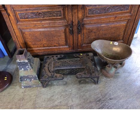 A cast Horace Batten patent 'Boot Jack' for Ladies and Gentlemen, a cast iron hopper and a set of scales