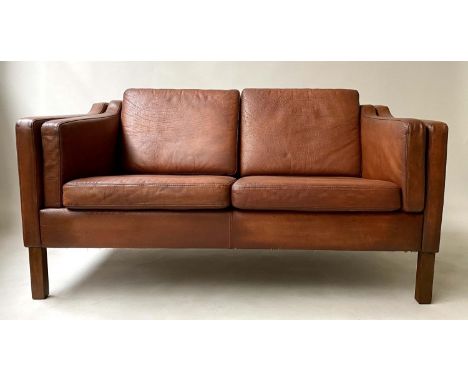 SOFA, 1970's Danish, two seater and grained natural leather upholstery, 138cm W. 