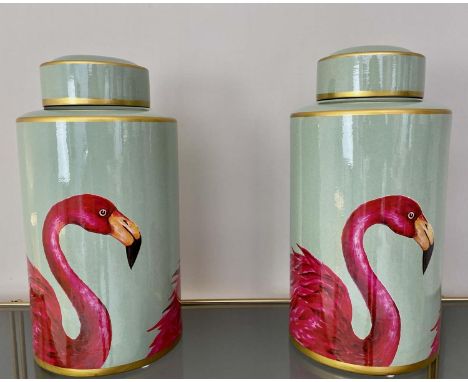 GINGER JARS, a pair, glazed ceramic with flamingo print design, 40cm x 20cm x 20cm. (2) 