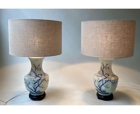 TABLE LAMPS, a pair, Chinese duck egg blue ceramic of facetted vase form with blossom, 75cm H. (2) 