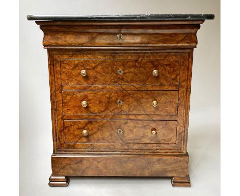 COMMODE, French Louis Philippe style, burr and simulated walnut, with four long drawers and marble top, 89cm L x 49cm D x 89c