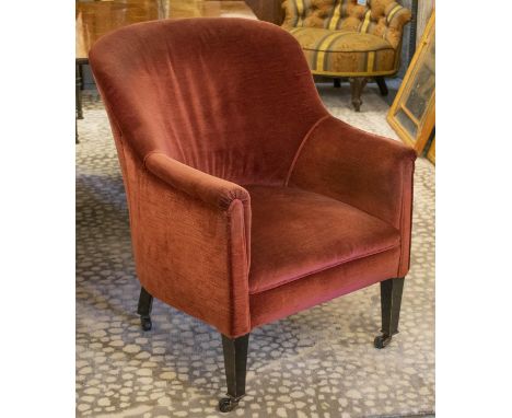ARMCHAIR, 86cm H x 67cm, Edwardian, ebonised frame, in burgundy velvet, on ceramic castors. 