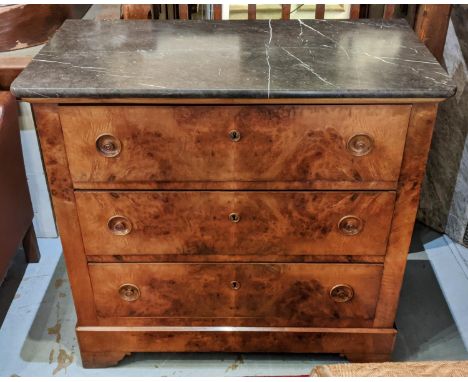 COMMODE, 100cm W x 50cm D x 95cm H, 19th century French burr walnut with grey marble top above three drawers. 