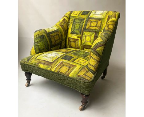 ARMCHAIR, 19th century upholstered in 1960's green abstract print with turned front supports, 74cm W. 