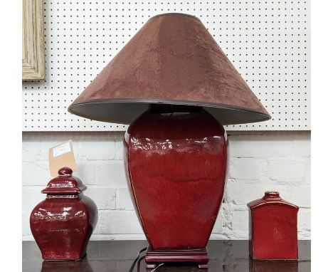 TABLE LAMP, 70cm H, contemporary sang de boef glazed, with shade and two differing matched ceramics. (3) 