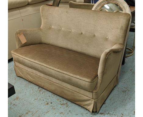 SOFA, 130cm W, Danish style, green velvet upholstered, with skirt to base. 