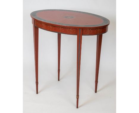 LAMP TABLE, 74cm H x 73cm x 51cm, Sheraton style red painted with oval top and classical decoration. 