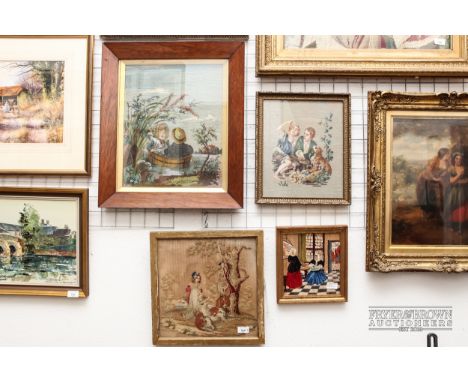 Four woolwork pictures, one of boys eating grapes and melons, after Murillo; another of a boy & a girl in a tub boat; one of 