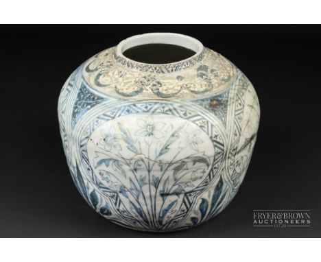 A Chinese porcelain blue & white vase, with Islamic market decoration in Iznik style of flower sprays within stiff leaf and f