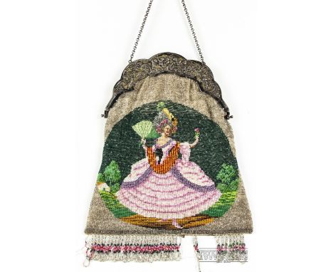 A late 19th century beadwork handbag, the brightly coloured beads depicting an 18th century lady in elaborate pink costume wi