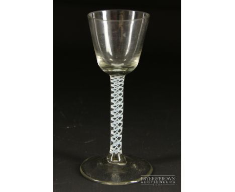 An English enamel twist stem cordial glass, double spiral, 14cm high 