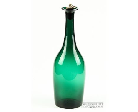 A 19th century emerald green bottle form decanter with everted rim, with silver plated and cork ring pull stopper, 30.5cm hig