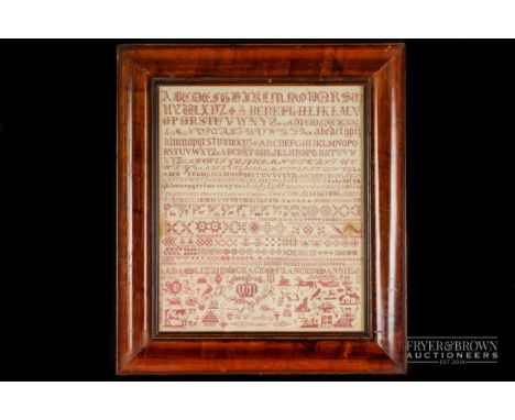 A Bristol Orphanage sampler, by K. Durting, dated 1882, worked in red with alphabet, numerals and sample motifs including nam