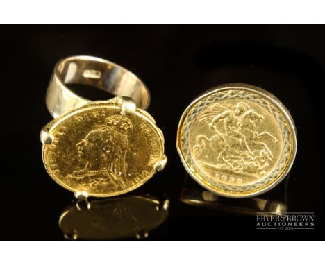 A Victorian sovereign and 9ct gold dress ring; and a Victorian half-sovereign and 9ct gold ring, total approximate weight 23g