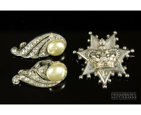 A late Victorian silver star and Imperial State crown brooch; and a pair of vintage faux pearl and paste fan scroll ear clips