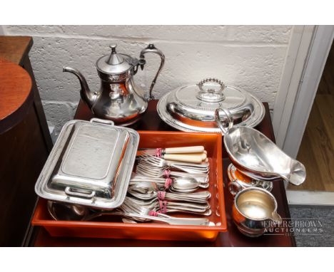 A small quantity of silver plate, including flatware, entree dishes, sauce tureen, ladle (6)