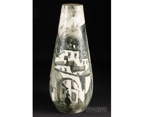 A mid-20th century Italian pottery lamp base, of tapered ovoid form, decorated en grisaille with a townscape, signed indistin