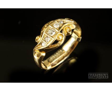 An antique 18ct yellow gold and five stone rose cut and cushion cut ring, total approximate weight 3grs